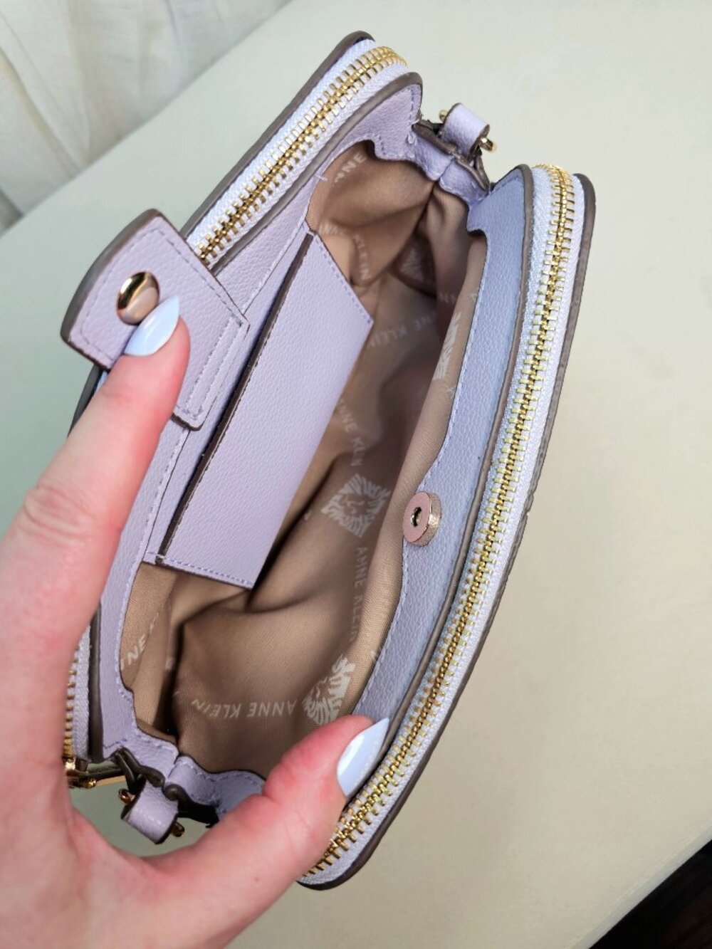 Anne Klein Lavender Cork Double Zip Camera Crossbody Bag Gold Chain Strap - Picture 6 of 15